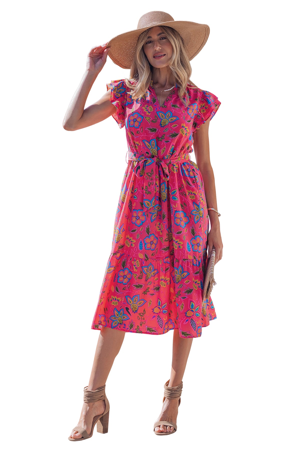 KaleaBoutique Stylish Flutter Sleeve Belted Floral Long Dress - KaleaBoutique.com