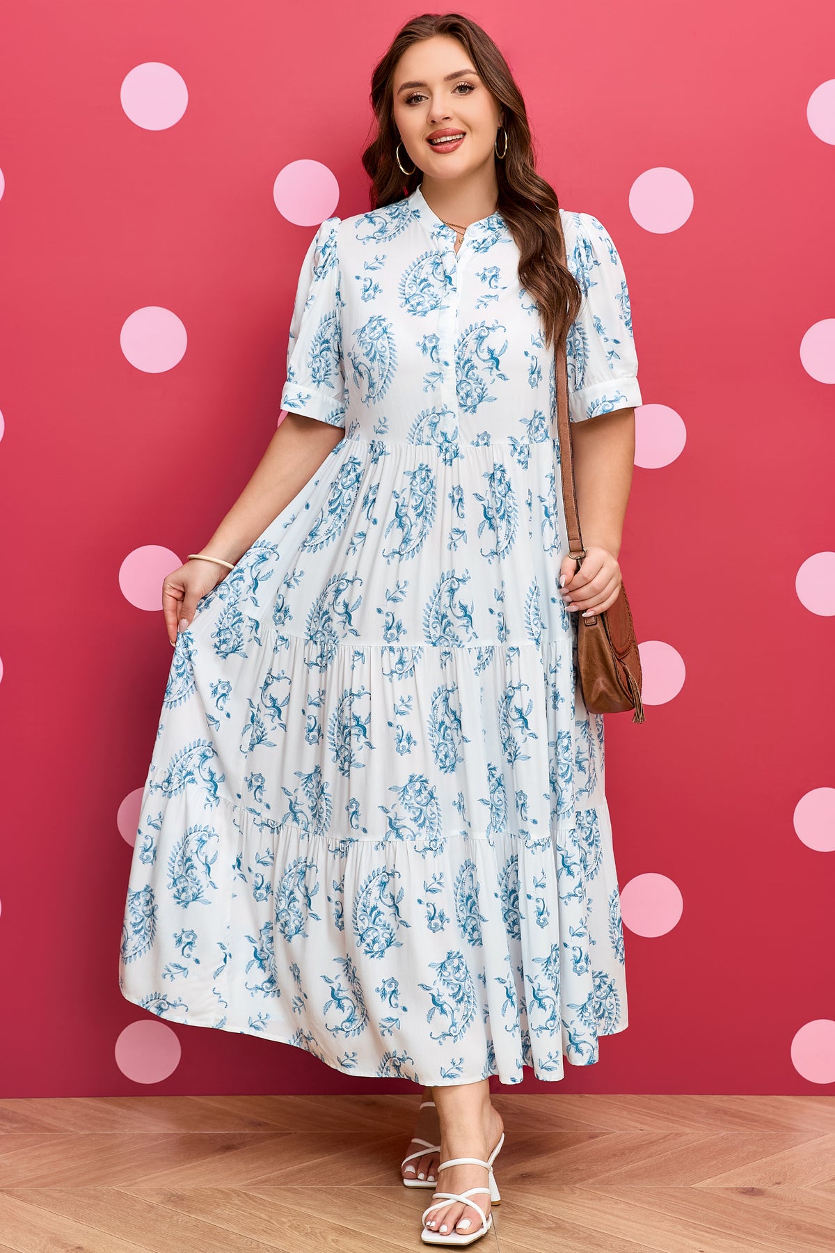 Sky Blue Plus Size Geometric Floral Tiered Maxi Dress - KaleaBoutique.com