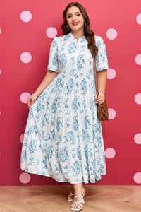 Sky Blue Plus Size Geometric Floral Tiered Maxi Dress - KaleaBoutique.com