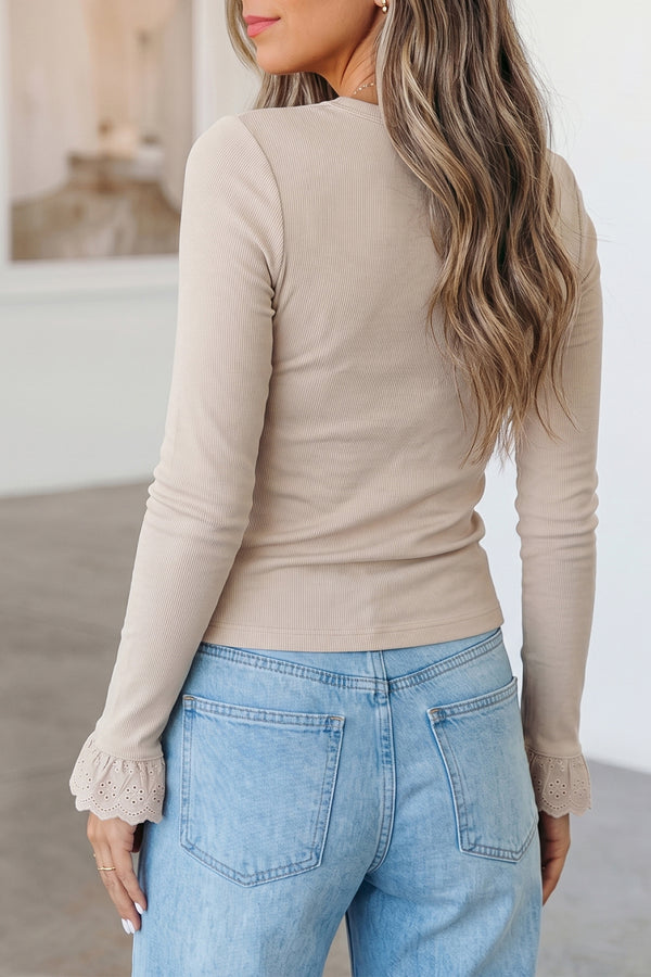 KaleaBoutique Comfortable Lace Cuff Patchwork Round Neck Long Sleeve Top - KaleaBoutique.com