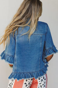 Ruffle Hem Raw Edge Half Sleeve Western Denim Jacket - KaleaBoutique.com