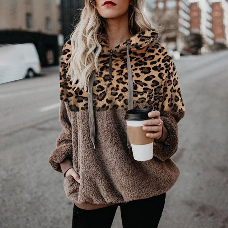 Women's Leopard-Print Colorblock Plush Pullover Hoodie - KaleaBoutique.com