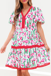 Floral Print Contrast Trim V Neck Bubble Short Sleeve Babydoll Dress - KaleaBoutique.com