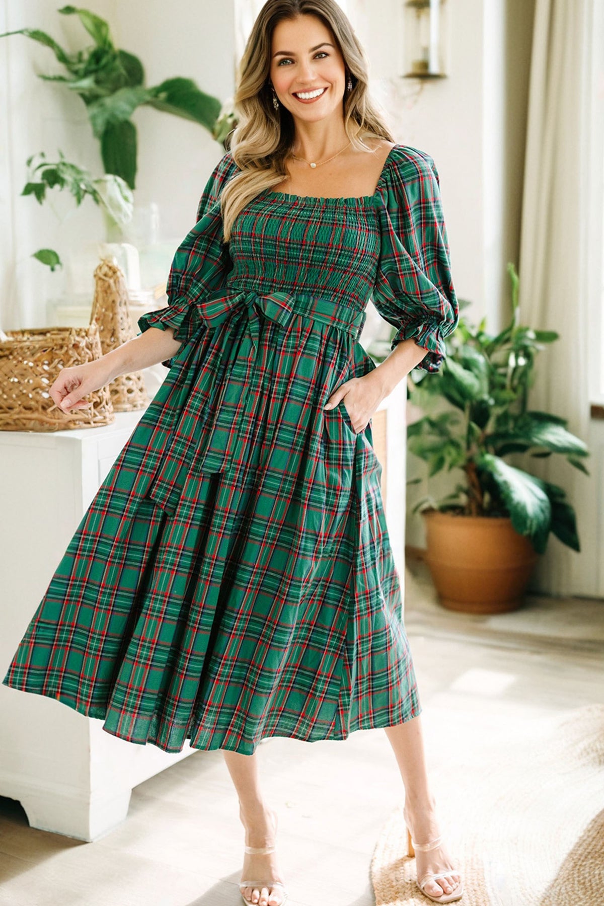 Tartan Plaid Square Neck Puff Sleeve Knot Waist Flared Midi Dress - KaleaBoutique.com