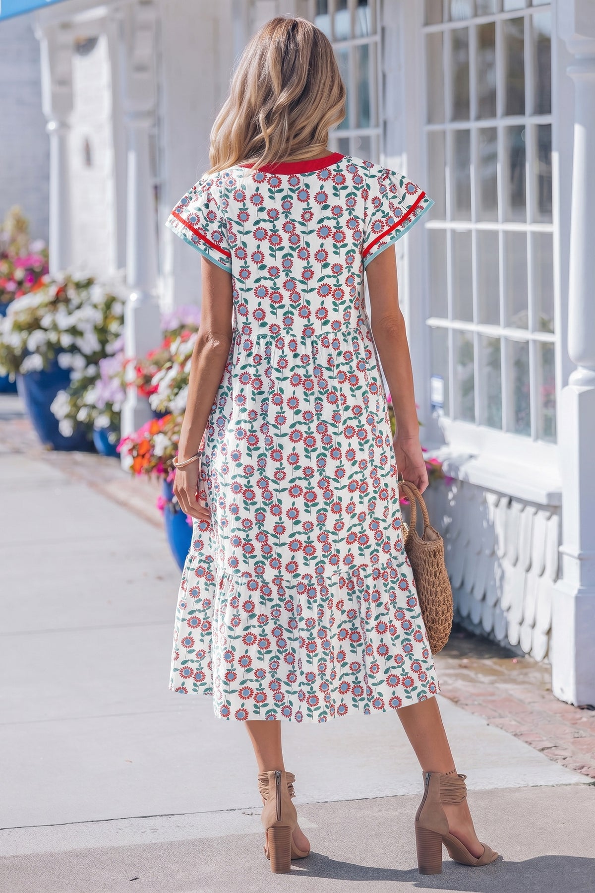KaleaBoutique Stylish Cute Sunflower Printed Striped Patchwork Trim Flutter Sleeve Long Dress - KaleaBoutique.com