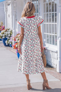 KaleaBoutique Stylish Cute Sunflower Printed Striped Patchwork Trim Flutter Sleeve Long Dress - KaleaBoutique.com