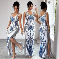 Women's Porcelain-Print Scoop-Neck Side-Slit Maxi Dress - KaleaBoutique.com