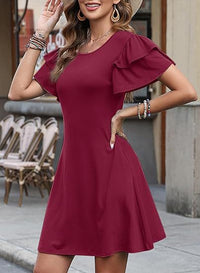 Women's Round-Neck Layered Flutter-Sleeve A-Line Dress - KaleaBoutique.com