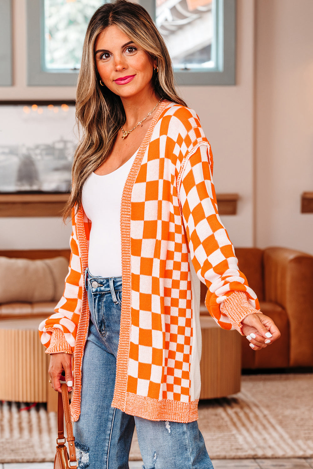 KaleaBoutique Stylish Checkered Open Front Drop Shoulder Cardigan - KaleaBoutique.com