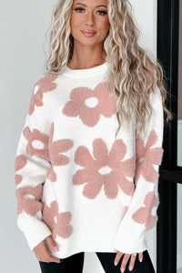 KaleaBoutique Textured Flower Drop Shoulder Loose Sweater - KaleaBoutique.com