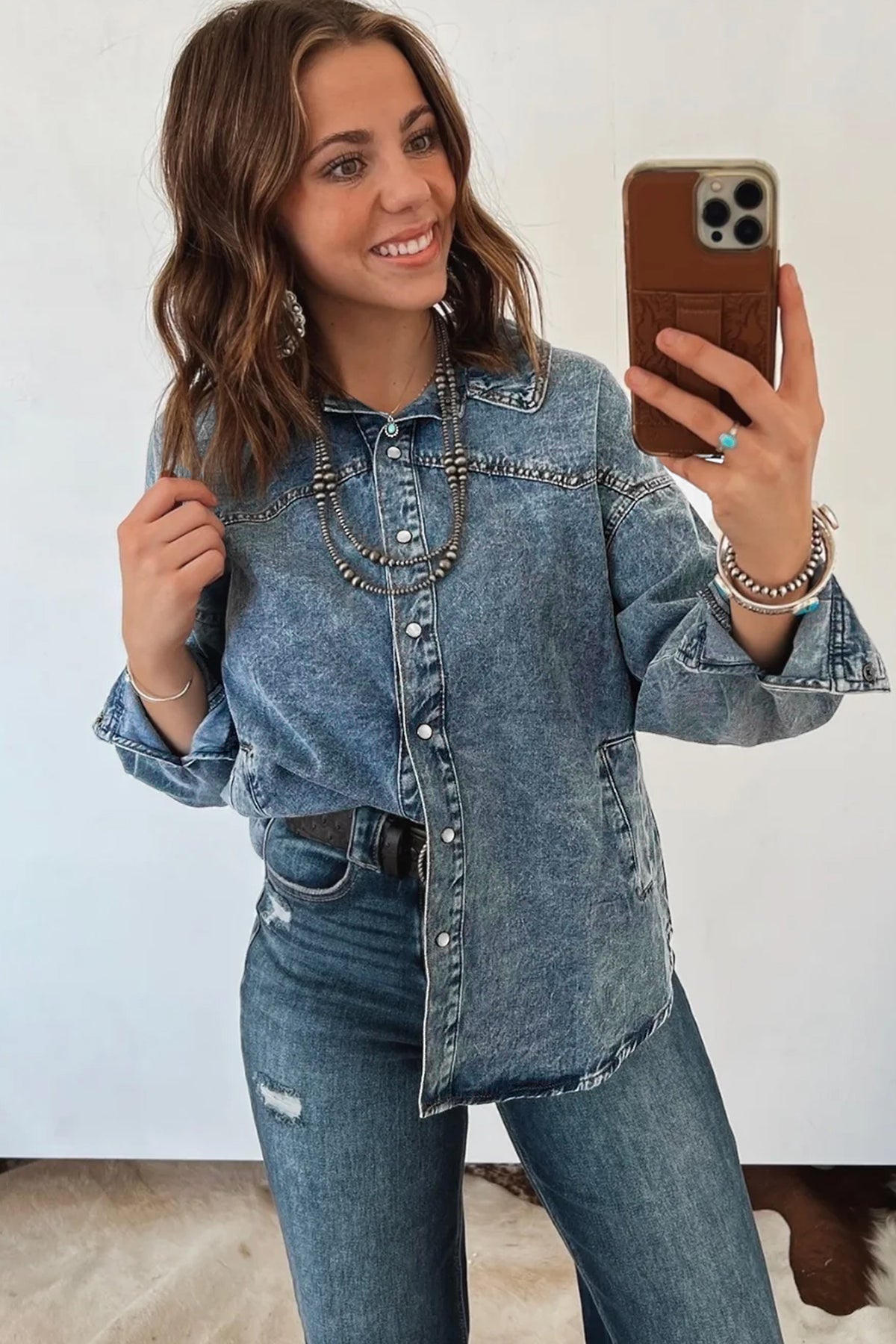 Western Long Sleeve Shirt Collar Tunic Denim Jacket - KaleaBoutique.com