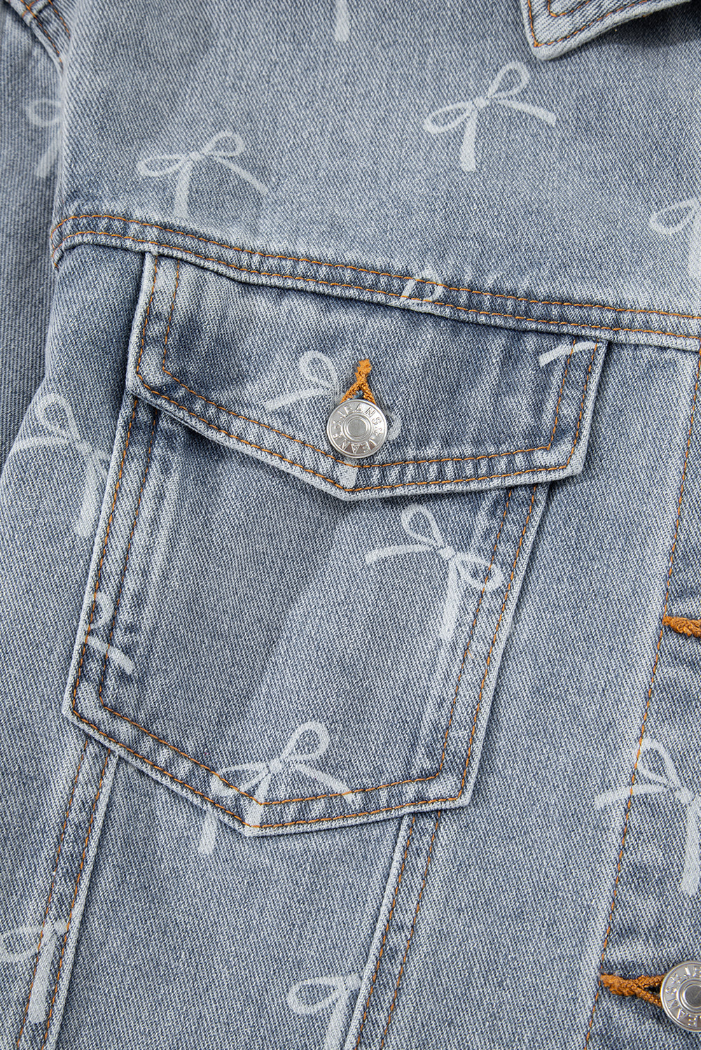 Bow Knot Print Light Wash Raw Hem Denim Jacket - KaleaBoutique.com