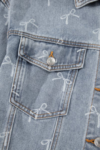 Bow Knot Print Light Wash Raw Hem Denim Jacket - KaleaBoutique.com