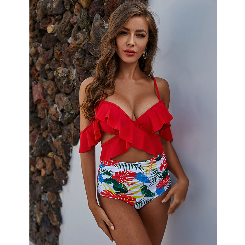 Women's Ruffle Cold-Shoulder Top and Floral High-Waisted 2 PC Bikini Set - KaleaBoutique.com
