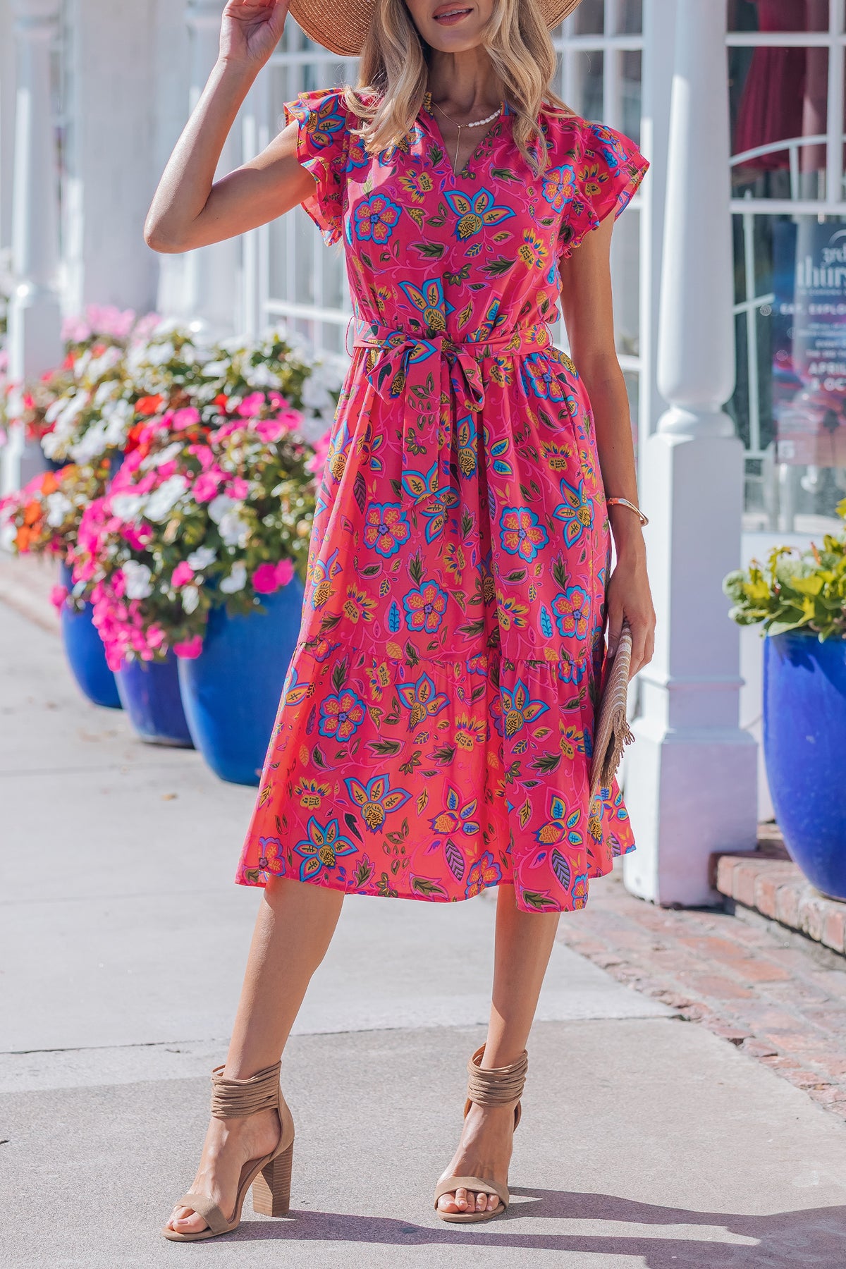 KaleaBoutique Stylish Flutter Sleeve Belted Floral Long Dress - KaleaBoutique.com
