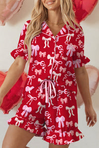 KaleaBoutique Stylish Sweet Bow Print Ruffled Short Sleeve Shirt Shorts 2pcs Pajama Set - KaleaBoutique.com