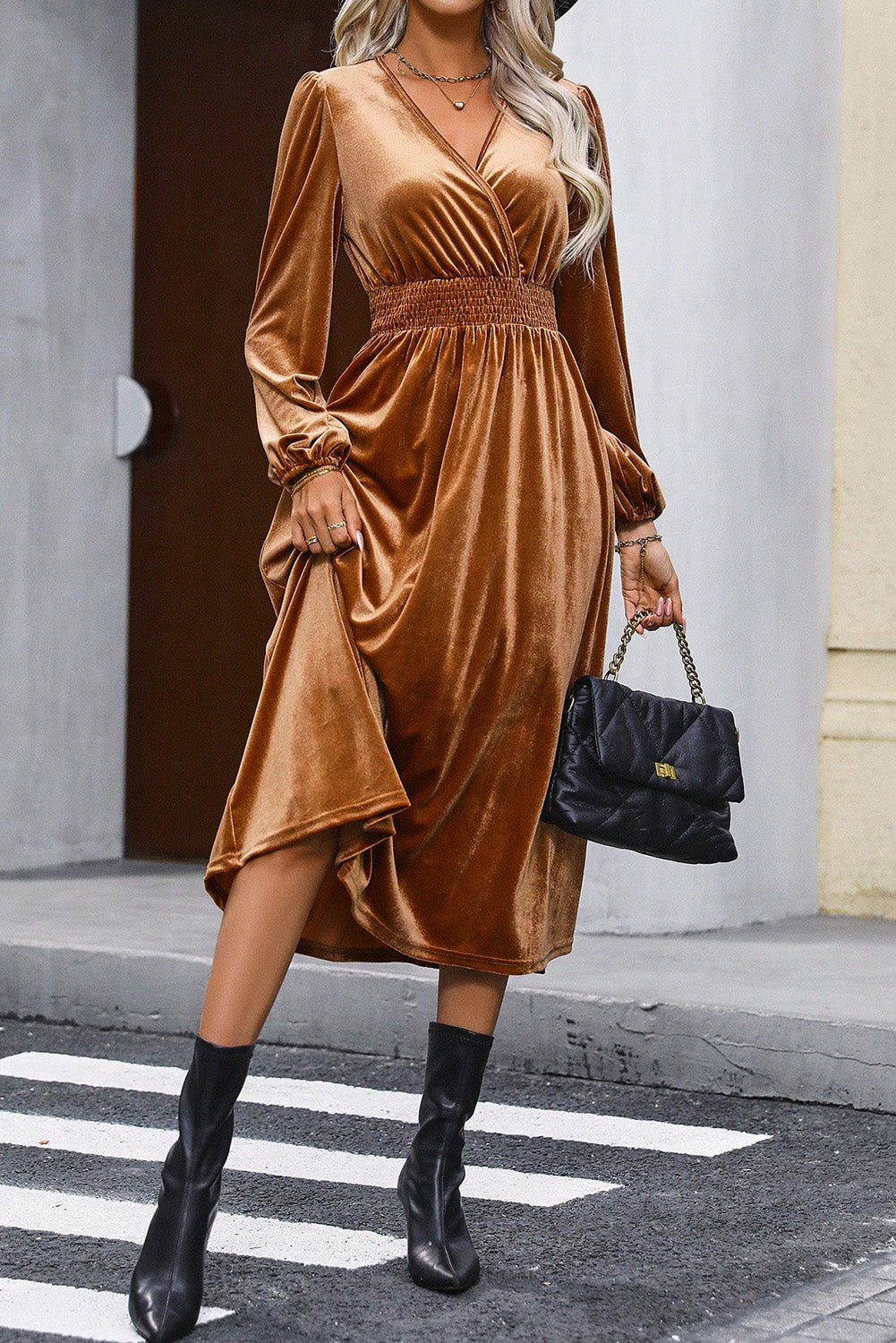 KaleaBoutique Wrap V Neck Smocked High Waist Velvet Midi Dress Camel / (US 8-10)m