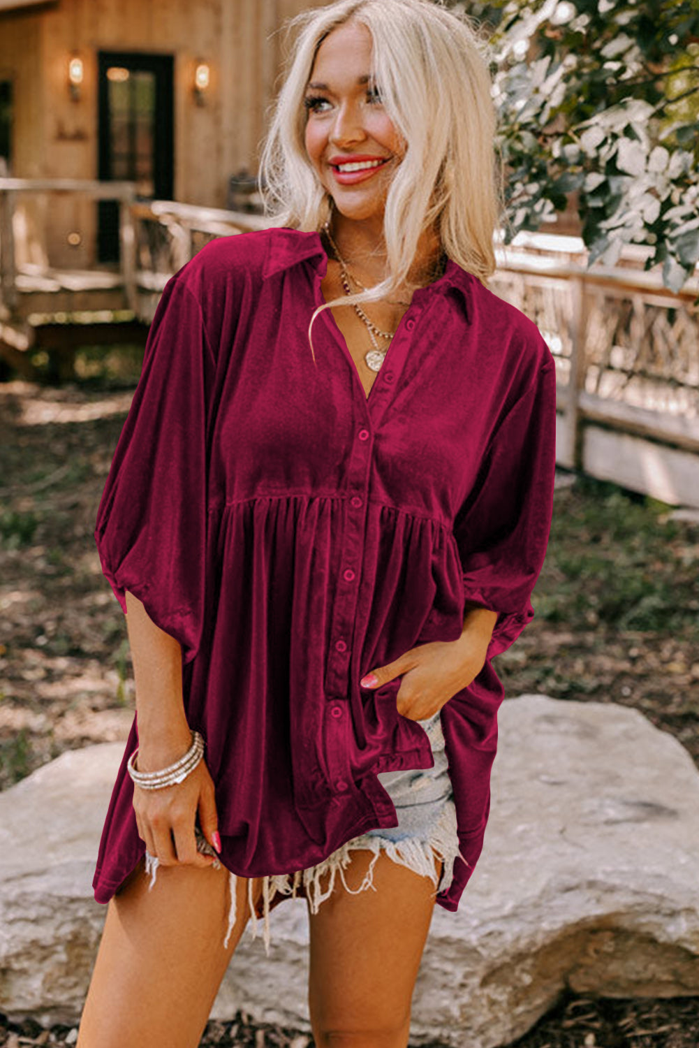KaleaBoutique Stylish 3/4 Sleeve Tunic Babydoll Velvet Shirt - KaleaBoutique.com