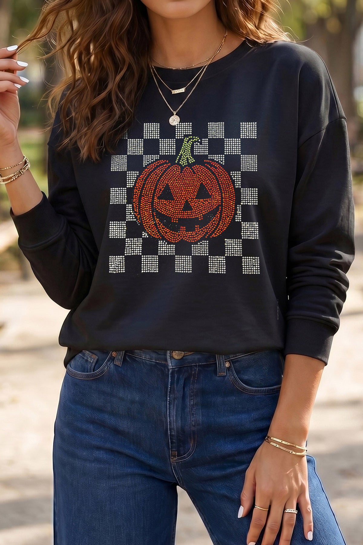 Black Rhinestone Pumpkin Checkered Halloween Long Sleeve Graphic Tee - KaleaBoutique.com