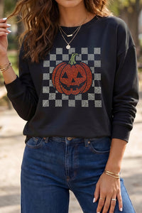Black Rhinestone Pumpkin Checkered Halloween Long Sleeve Graphic Tee - KaleaBoutique.com