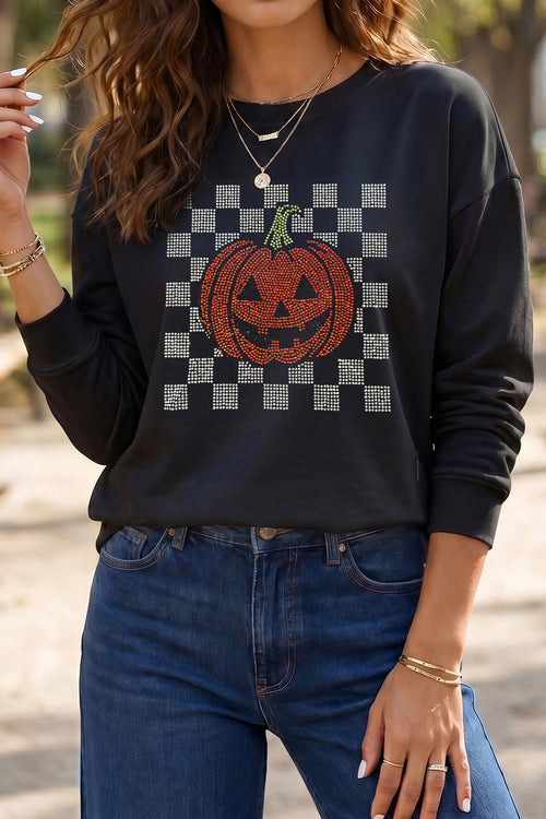 Black Rhinestone Pumpkin Checkered Halloween Long Sleeve Graphic Tee - KaleaBoutique.com