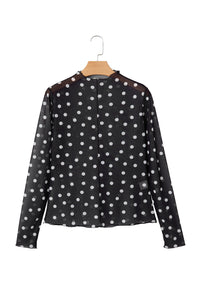 Polka Dot Patterned Bodycon Mock Neck Mesh Long Sleeve Top - KaleaBoutique.com
