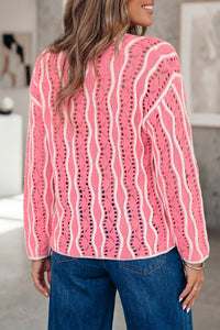 Wavy Detail Hollow Out Knit Long Sleeve Cotton Pullover Sweater - KaleaBoutique.com