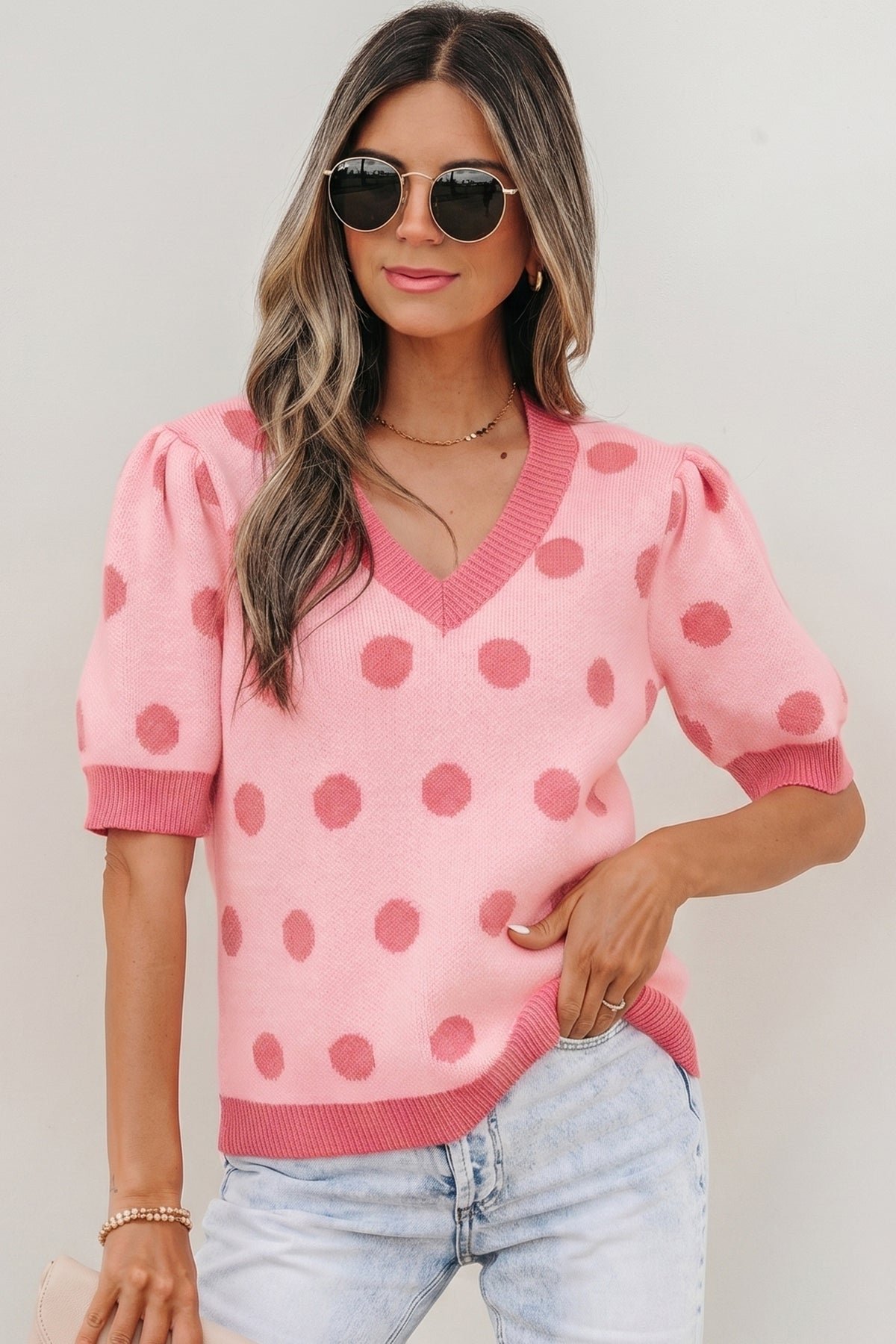 KaleaBoutique Comfortable Polka Dot Puff Short Sleeve Sweater Top - KaleaBoutique.com