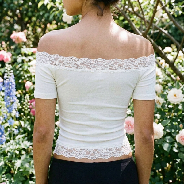 Women's Lace-Trim Off-Shoulder Short-Sleeve Top
