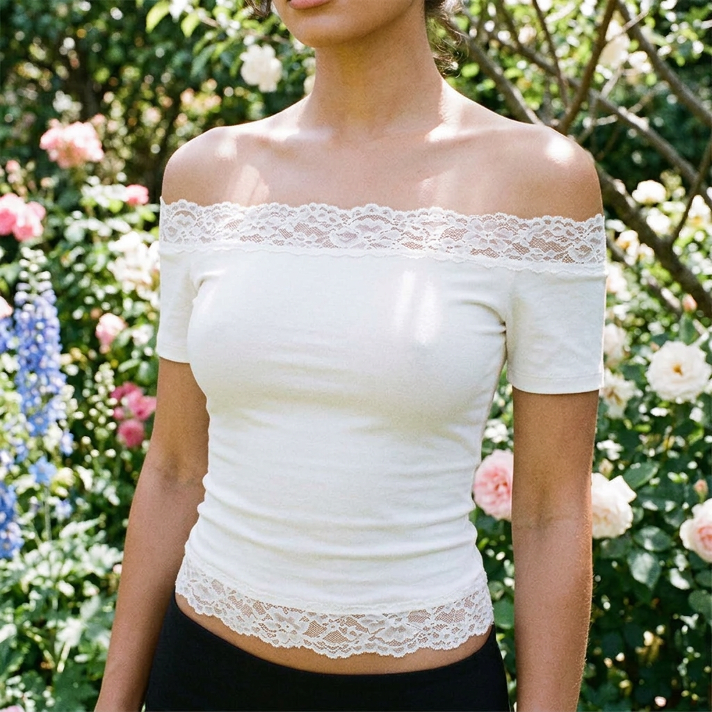 Women's Lace-Trim Off-Shoulder Short-Sleeve Top