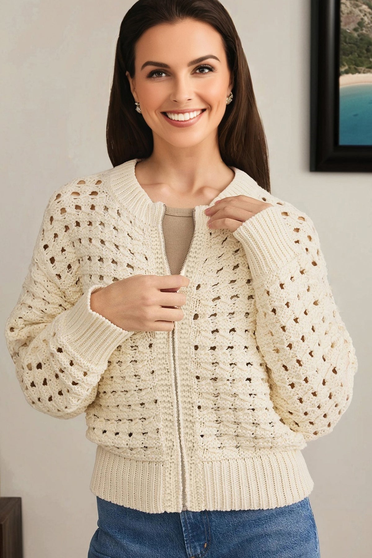 KaleaBoutique Stylish Hollowed Pattern Knit Zip Up Drop Shoulder Sweater Cardigan - KaleaBoutique.com