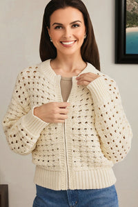 KaleaBoutique Stylish Hollowed Pattern Knit Zip Up Drop Shoulder Sweater Cardigan - KaleaBoutique.com