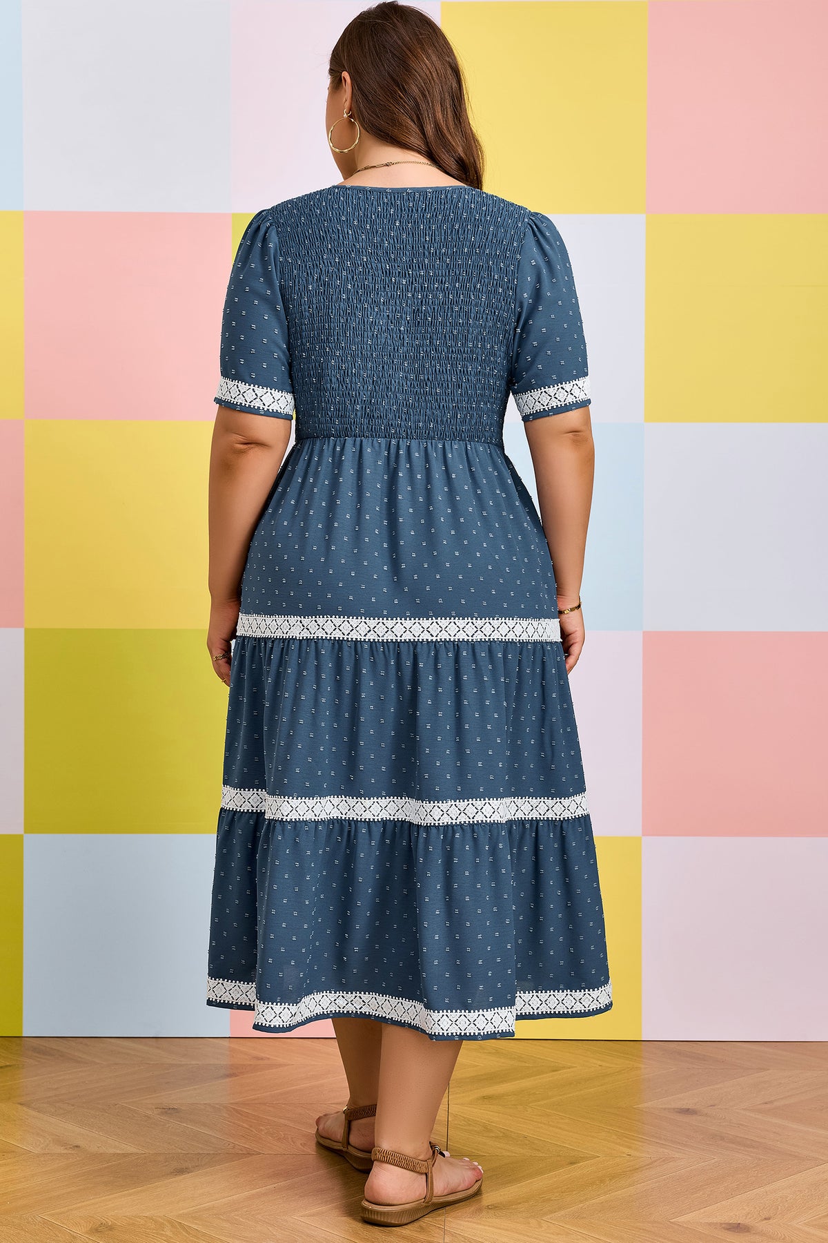 Dusk Blue Plus Size Swiss Dot Lace Tiered Midi Dress - KaleaBoutique.com