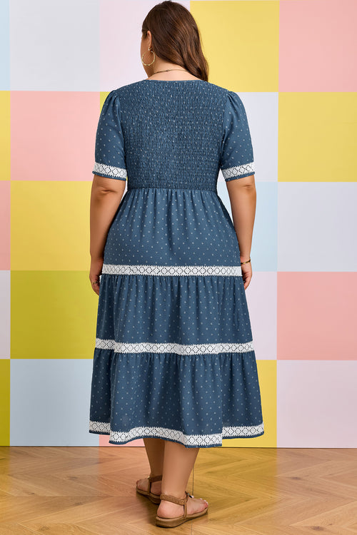 Dusk Blue Plus Size Swiss Dot Lace Tiered Midi Dress - KaleaBoutique.com