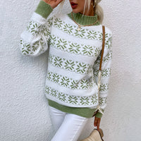 Women's Snowflake Stripe Mock-Neck Christmas Pullover Sweater - KaleaBoutique.com