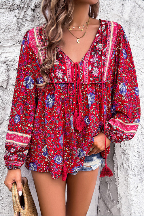 KaleaBoutique Chic Bohemian Floral Print Tassel Tie Front Long Sleeve Blouse - KaleaBoutique.com