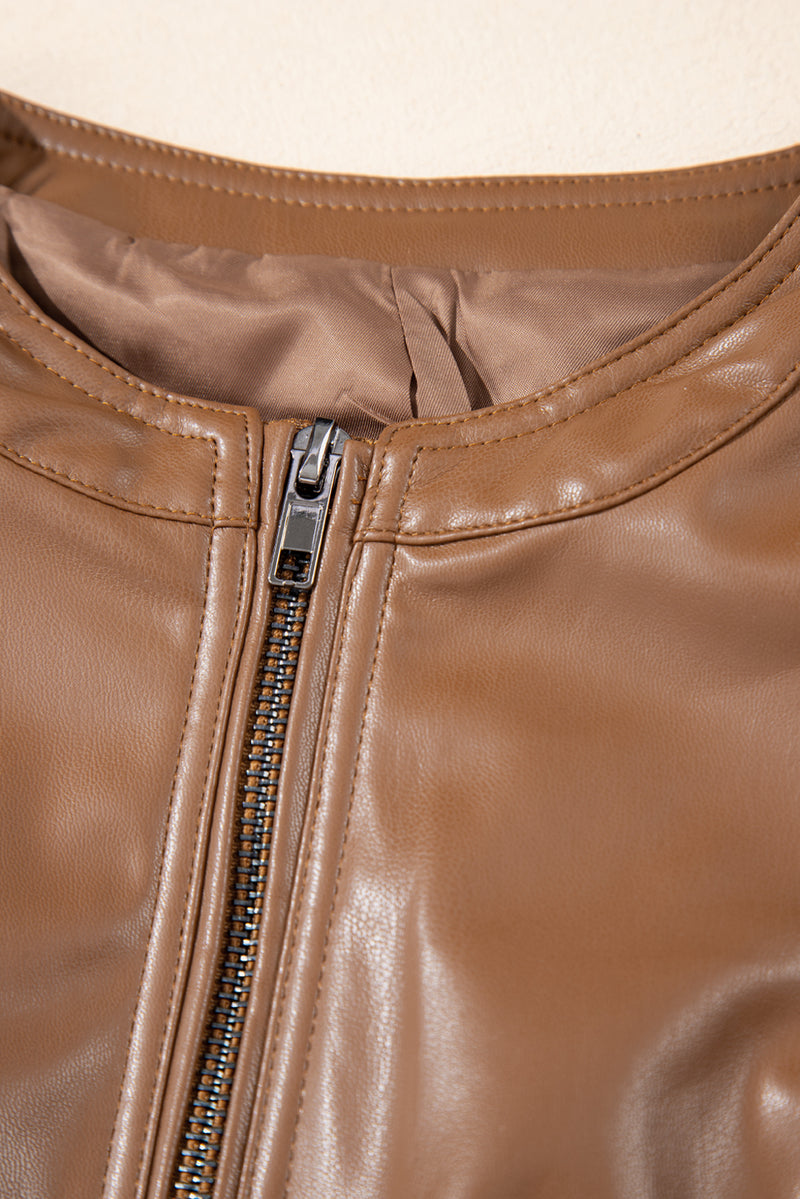 KaleaBoutique Solid Faux Leather Zipper Slim Fit Bomber Jacket - KaleaBoutique.com