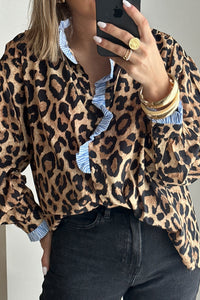 Stylish KaleaBoutique Wild Leopard Print Contrast Striped Frilled Trim Chic Shirt - KaleaBoutique.com