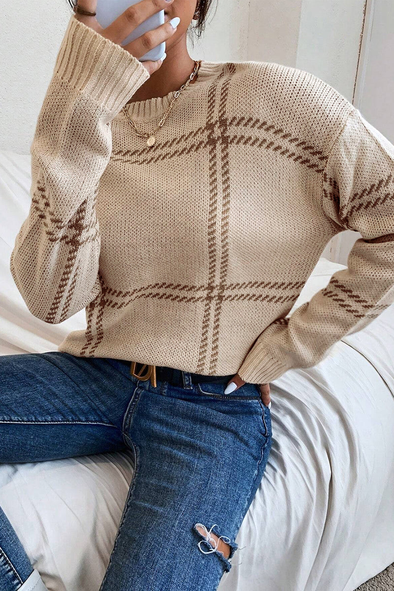 KaleaBoutique Plaid Pattern Knitted Drop Shoulder Sweater - KaleaBoutique.com