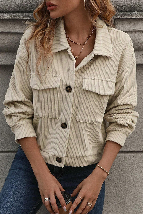 KaleaBoutique Flap Pockets Buttoned Turn Down Collar Corduroy Shacket - KaleaBoutique.com
