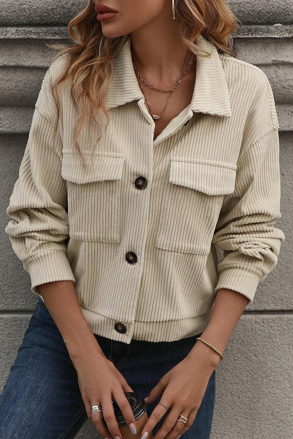 KaleaBoutique Flap Pockets Buttoned Turn Down Collar Corduroy Shacket - KaleaBoutique.com