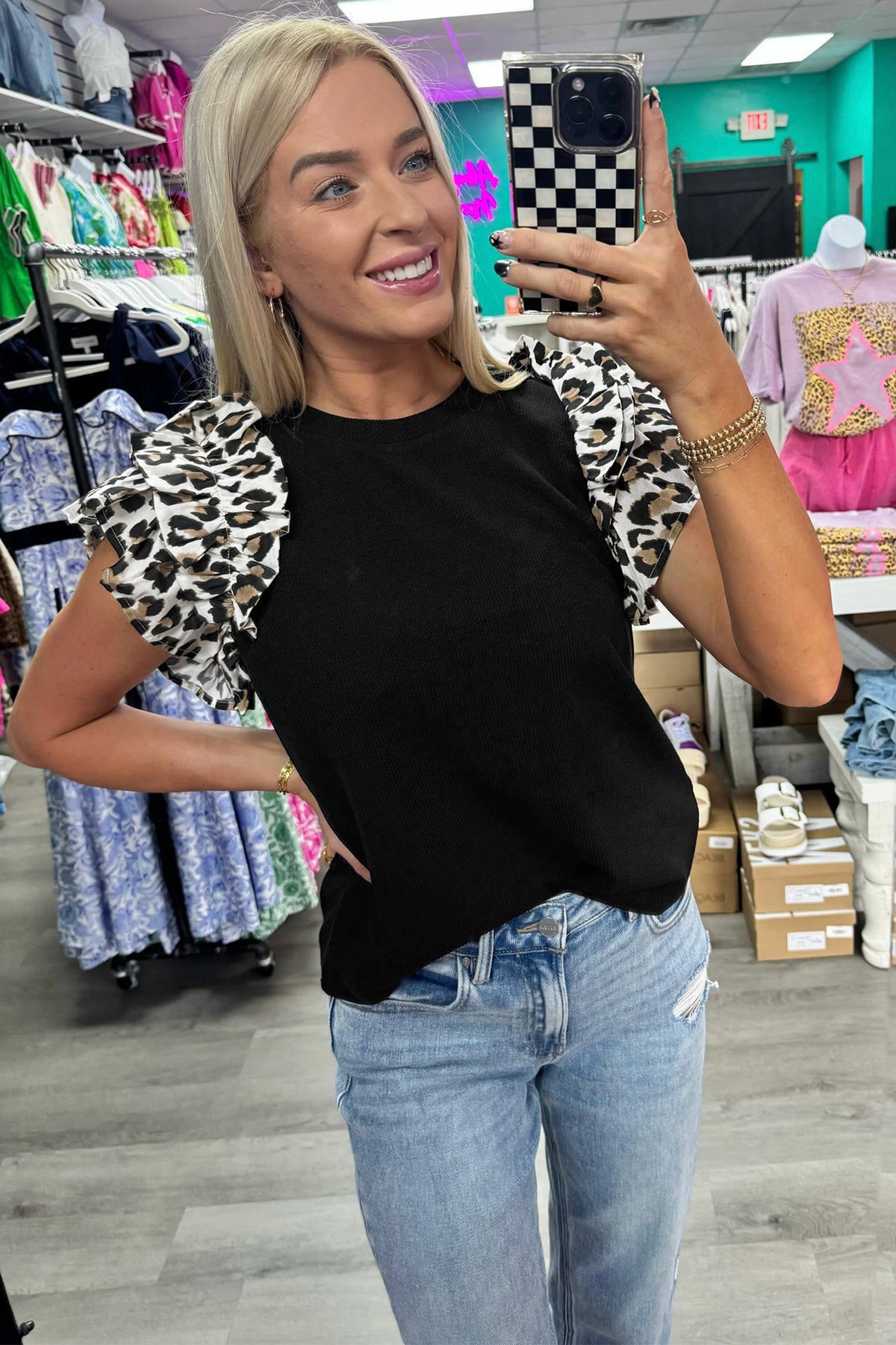 Contrast Leopard Ruffled Short Sleeve Ribbed Knit Top - KaleaBoutique.com