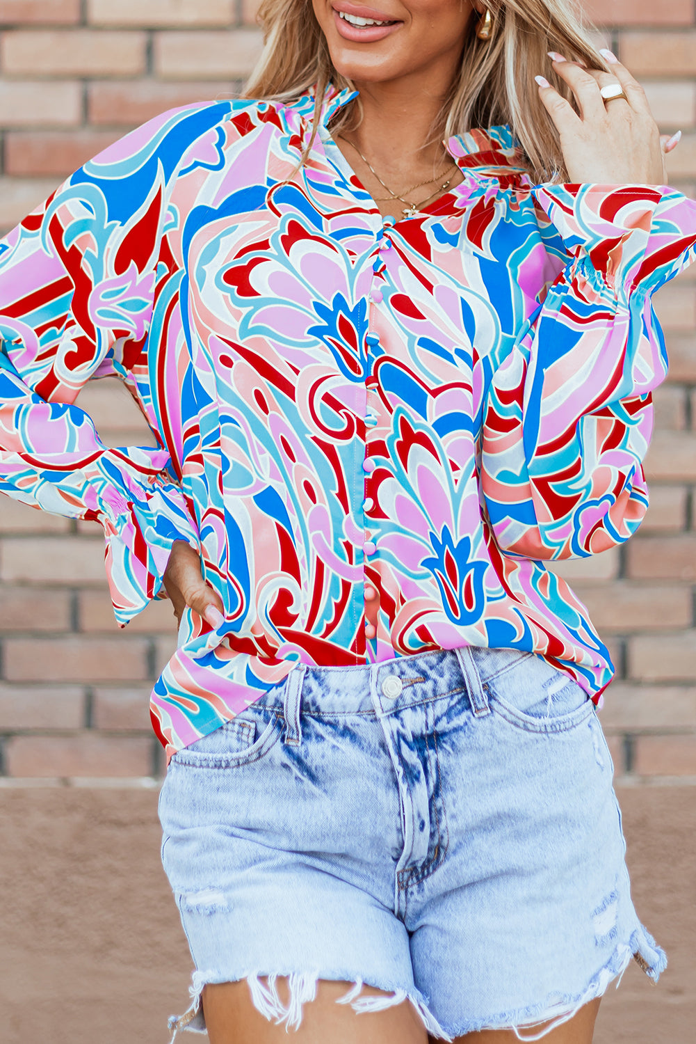 KaleaBoutique Stylish Abstract Print Frilly Neck Ruffled Sleeve Blouse - KaleaBoutique.com