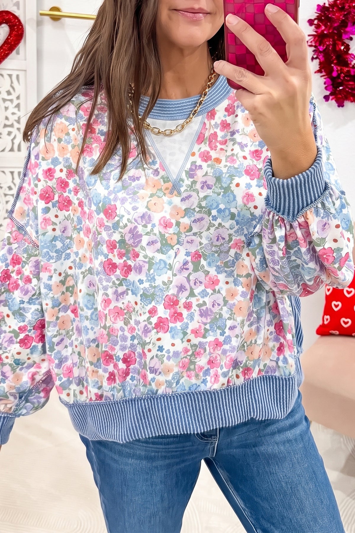 KaleaBoutique Chic Floral Print Round Neck Long Sleeve Top - KaleaBoutique.com