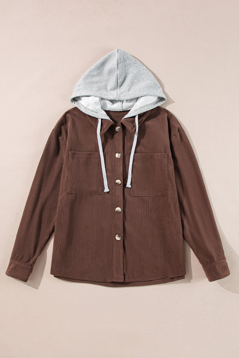 KaleaBoutique Hooded Drawstring Pockets Corduroy Shacket - KaleaBoutique.com
