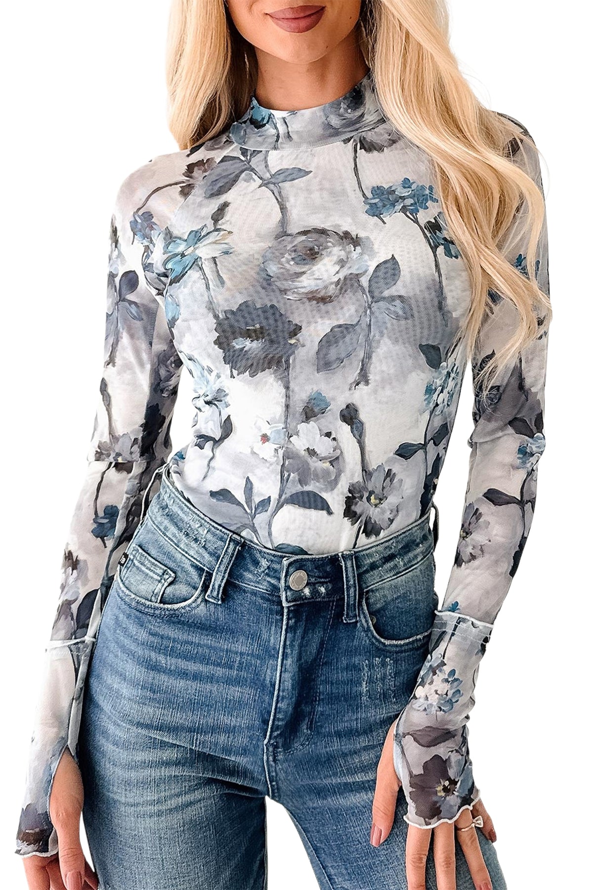 KaleaBoutique Stylish Floral Mesh High Neck Long Sleeve Sheath Top - KaleaBoutique.com