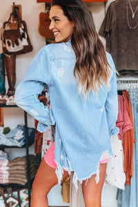 KaleaBoutique Chic Mineral Wash Distressed Frayed Long Denim Jacket - KaleaBoutique.com