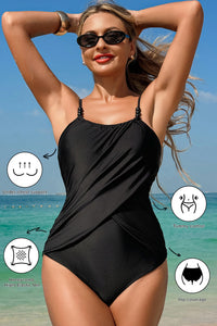 KaleaBoutique Beaded Spaghetti Straps Ruched Overlapped Colorblock One Piece Swimsuit - KaleaBoutique.com