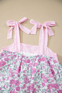 KaleaBoutique Stylish Floral Print Striped Patchwork Bow Knot Straps Mini Dress - KaleaBoutique.com