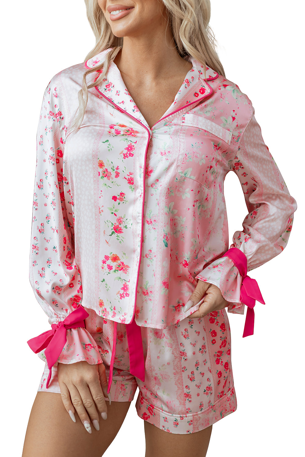 KaleaBoutique Comfortable Mixed Floral Print Contrast Piping Trim Satin Tie 2pcs Pajama Set - KaleaBoutique.com